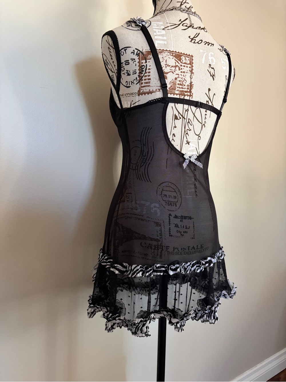 Y2K Vintage Black Sheer Chemise Zebra Trim Lingerie Whimsigoth 2000s - Picture 6 of 9